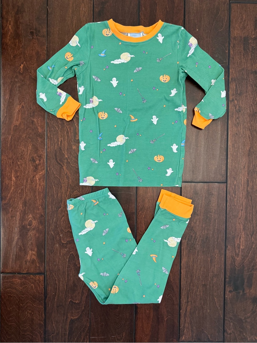 Bella Bliss Kids Green Halloween Print Pajama Set with Orange Trim